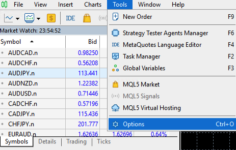 MetaTrader 5 Tools menu showing Options