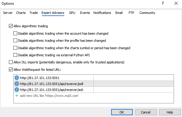 MetaTrader 5 Expert Advisors options with WebRequest enabled
